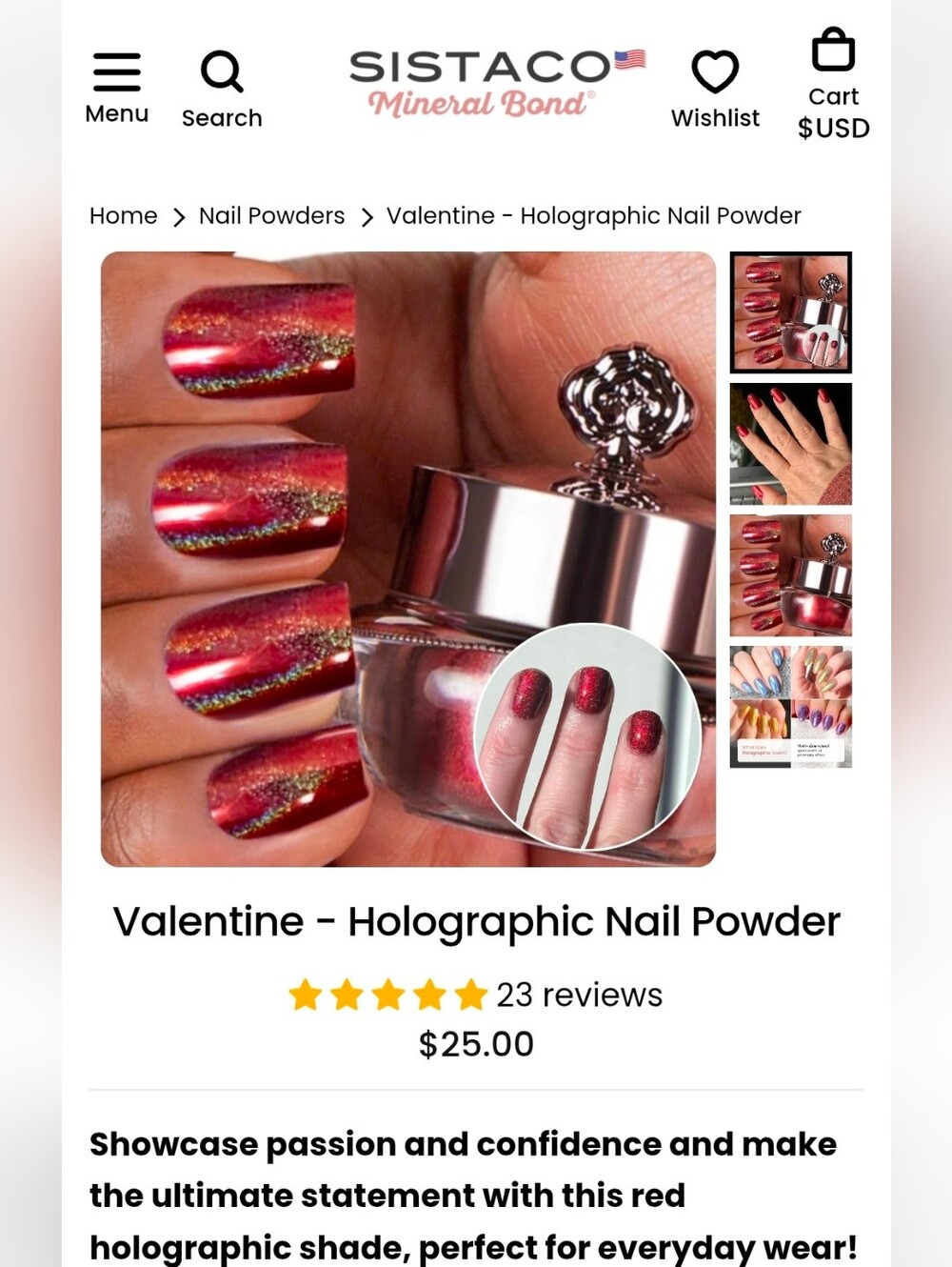 Sistaco Valentine Holographic Red Mineral Bond Nail Powder